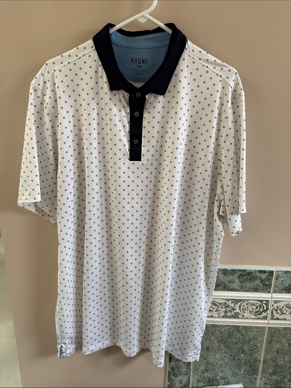 RHONE Golf Sport Polo White with Navy Micro Pattern and True Navy Collar